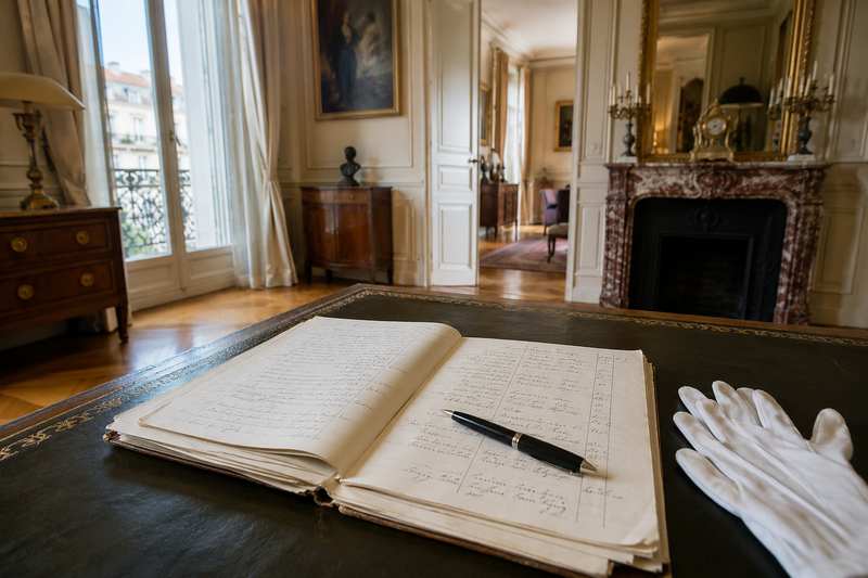 Inventaire manuscrit et gants de coton pour un déménagement international