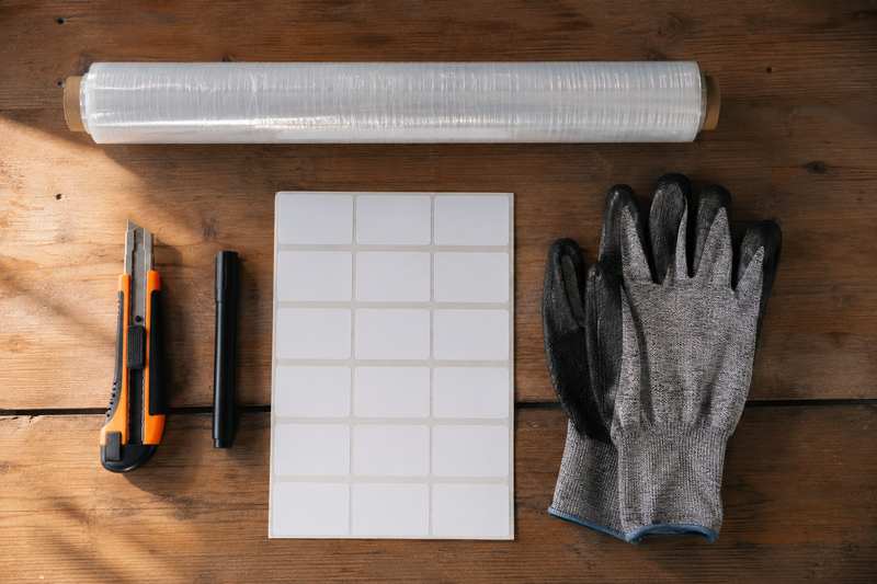 Matériel d'emballage de déménagement disposé sur une table en bois