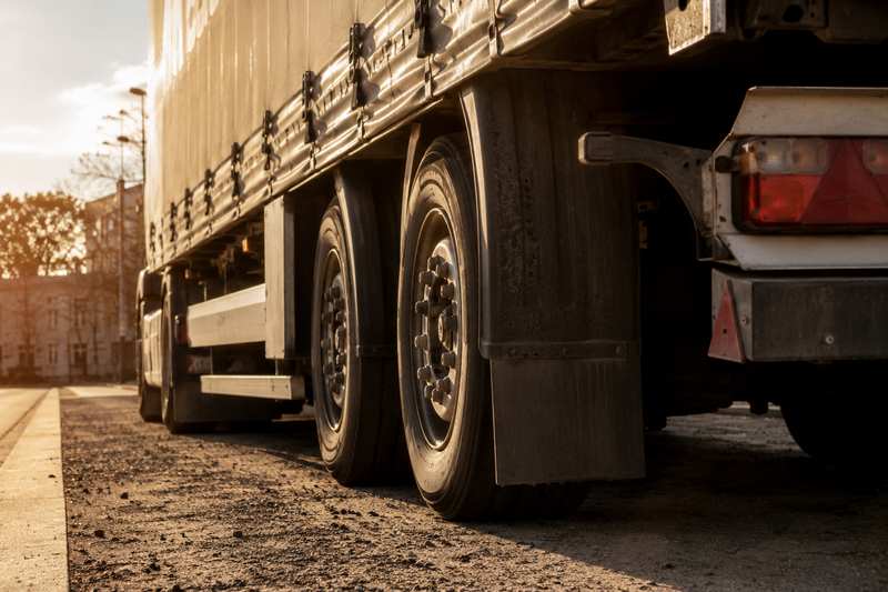 Bas de caisse et roues d'un semi-remorque de déménagement à l'arrêt
