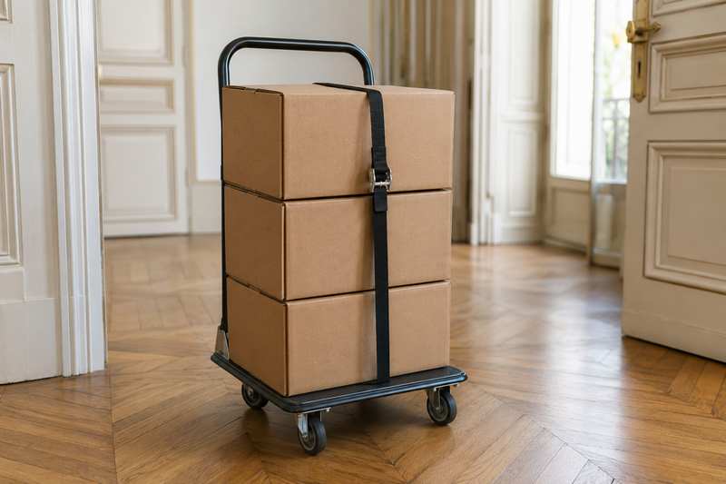 Cartons de petit format sanglés ensemble sur un diable à roulettes