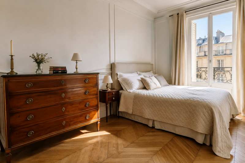 Chambre lumineuse avec une commode ancienne fraîchement installée