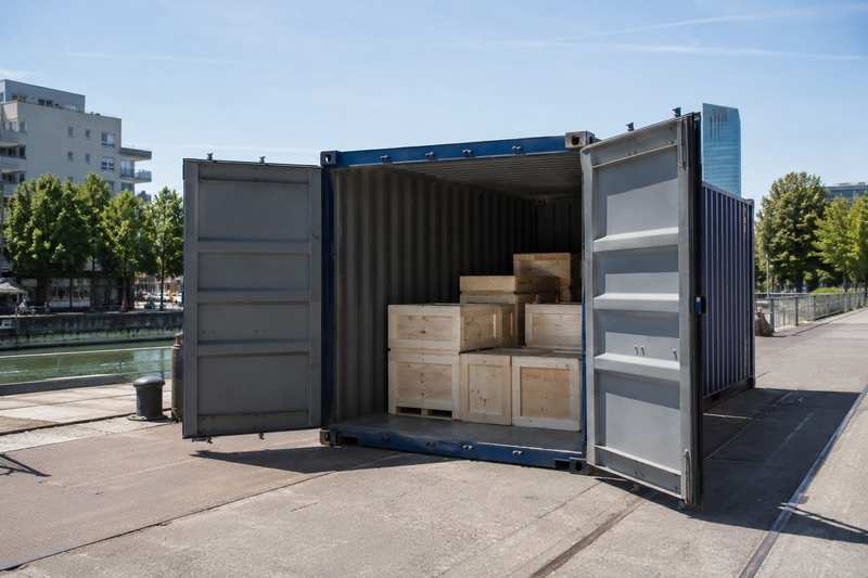 Conteneur maritime ouvert chargé de caisses en bois sur un quai