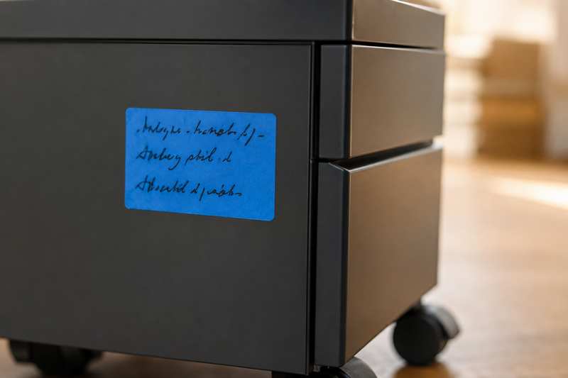 Étiquette de repérage collée sur un caisson de bureau à roulettes