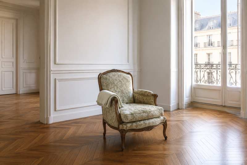 Fauteuil ancien seul dans une pièce vidée, housse pliée sur l'accoudoir