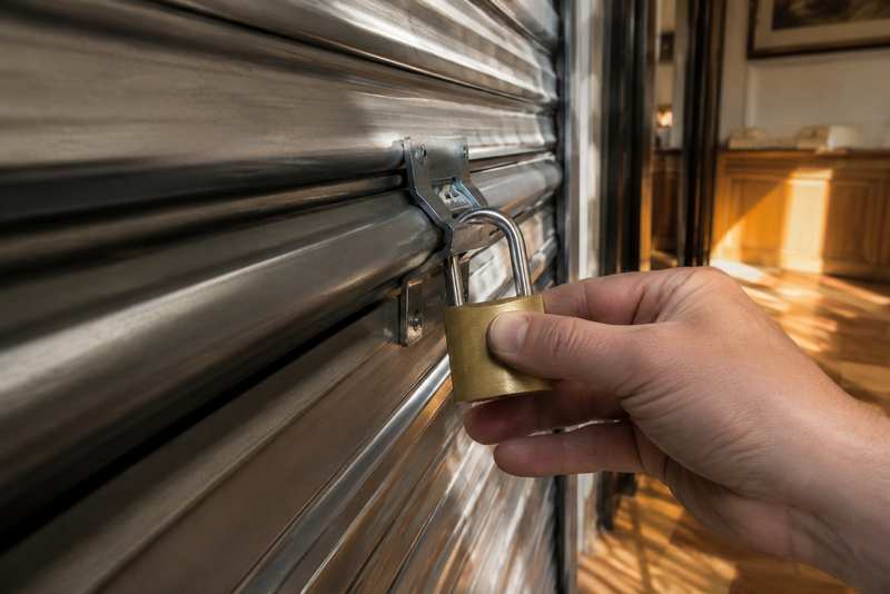Main refermant un cadenas sur le rideau métallique d'un box de stockage