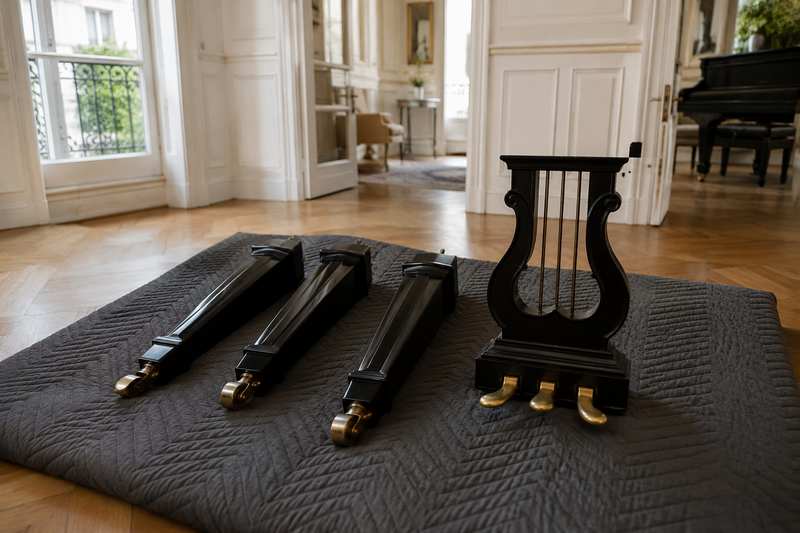 Pieds et lyre démontés d'un piano à queue posés sur une couverture matelassée