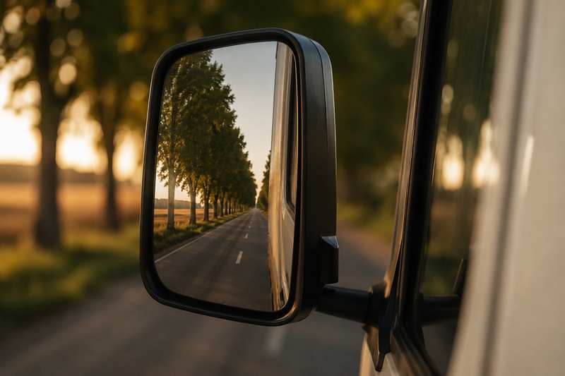 Rétroviseur de camion reflétant une route de campagne bordée d'arbres