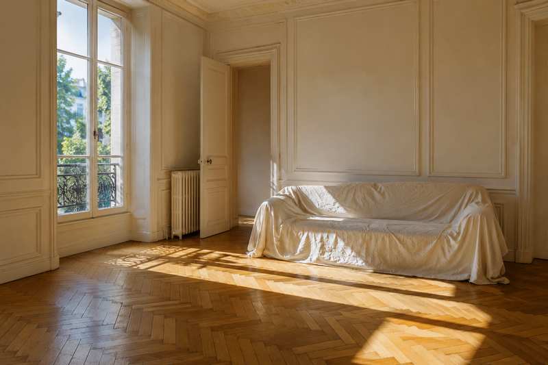 Salon à moitié vidé, canapé protégé sous housse, parquet ancien