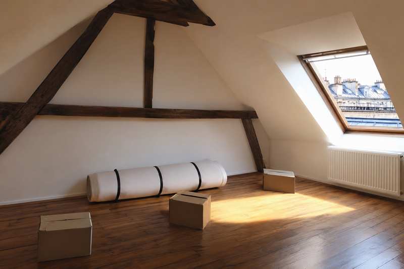 Studio mansardé presque vide avec un matelas roulé et quelques cartons