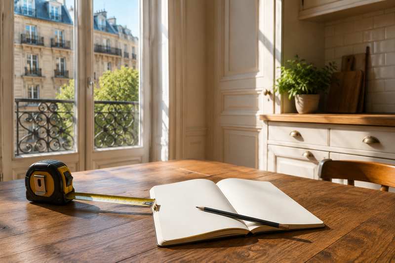 Mètre ruban déroulé et carnet ouvert sur une table de cuisine