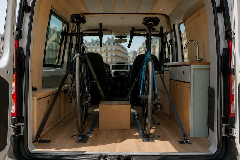 Vélos calés et sanglés à l'arrière d'un petit fourgon